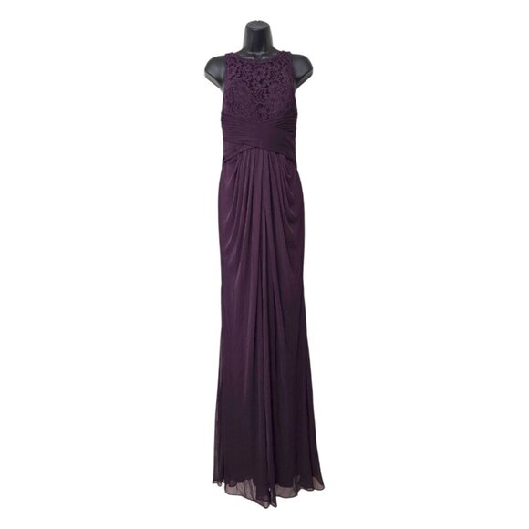 David's Bridal Sleeveless Mesh with Corded Lace Formal Maxi Dress In Plum Sz 8 - Picture 2 of 12